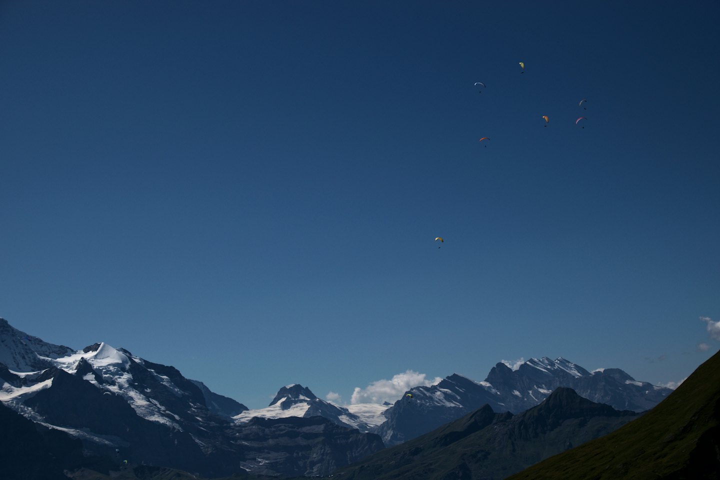 Gleitschirmflieger gleiten unter blauem Himmel über riesige schneebedeckte Berge.